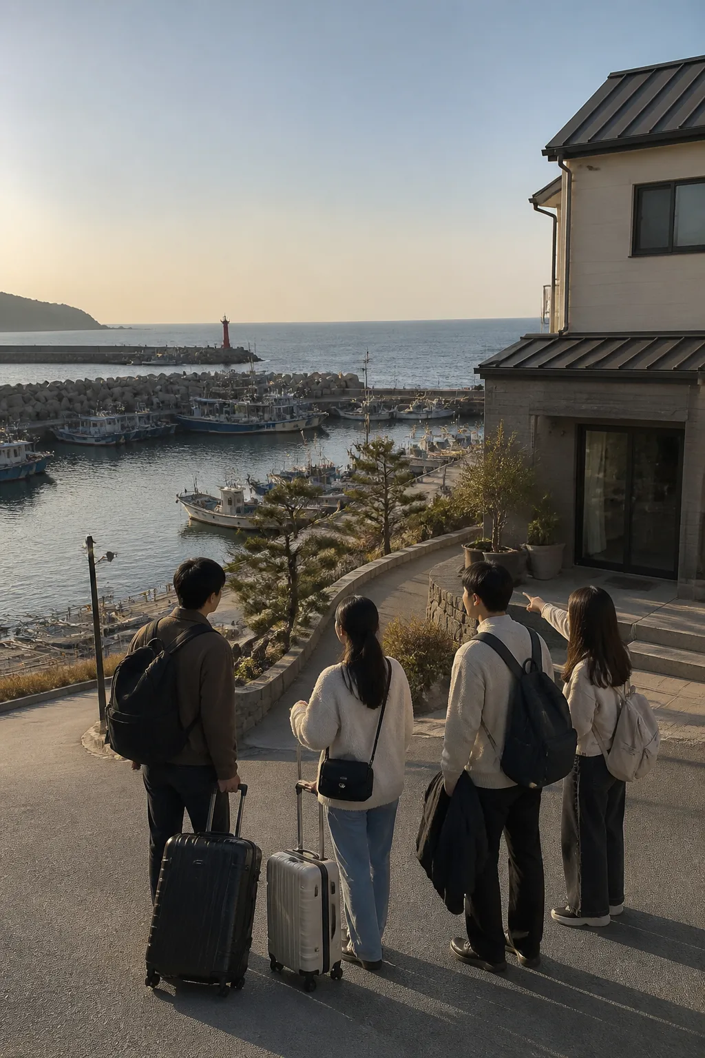 묵호 항구와 해안 산책로를 바라보며 숙소 귀환 동선을 확인하는 여행객들
