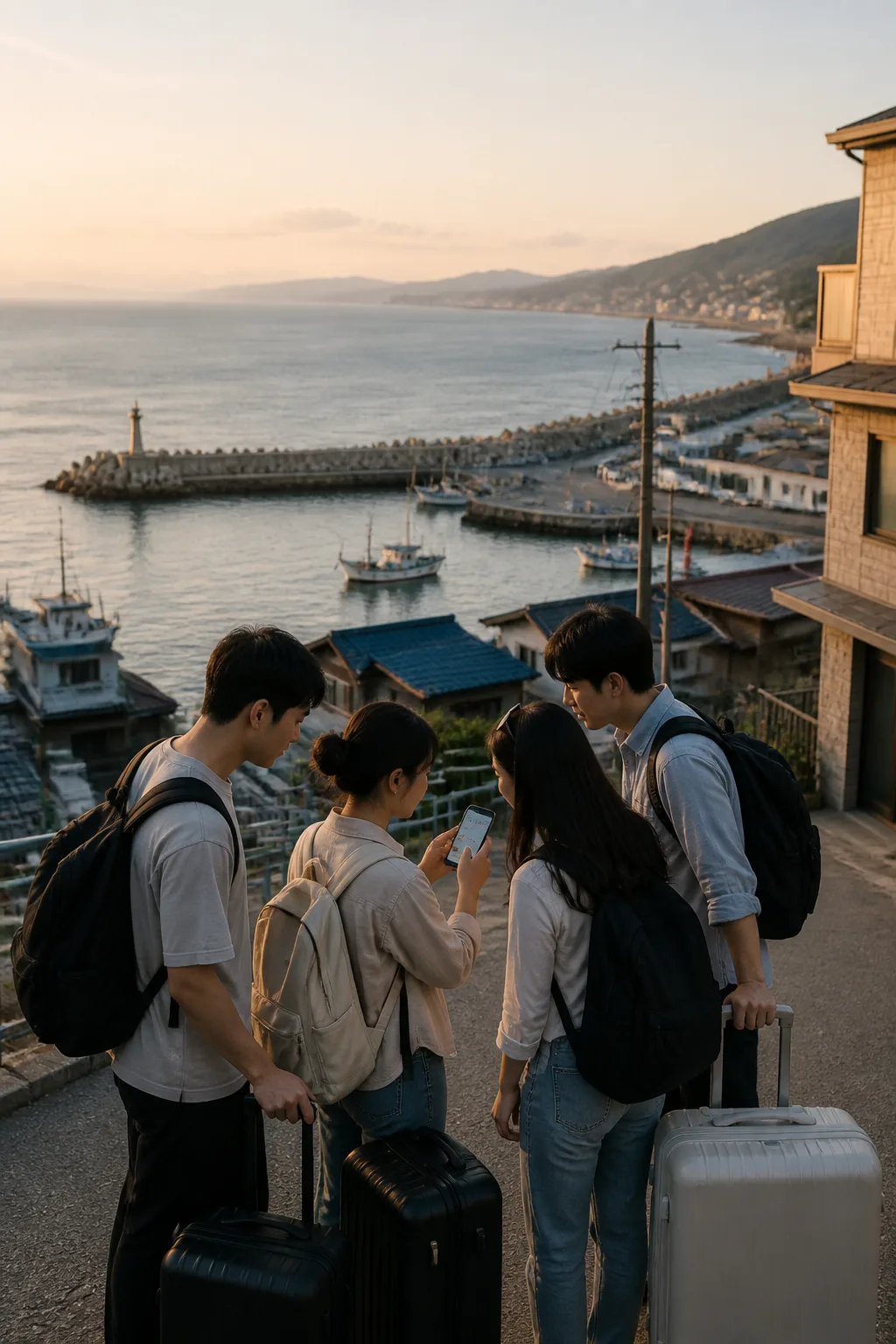 묵호숙소 체크인 전 항구와 해안 여행 정보를 확인하는 여행객들