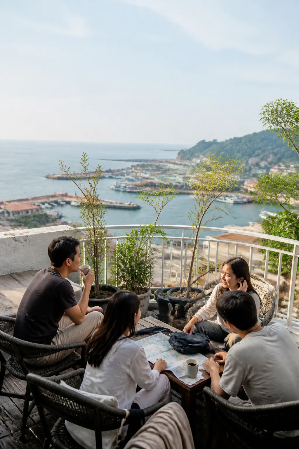 묵호숙소 공용 테라스에서 항구와 해안 일정을 정리하며 쉬는 여행객들