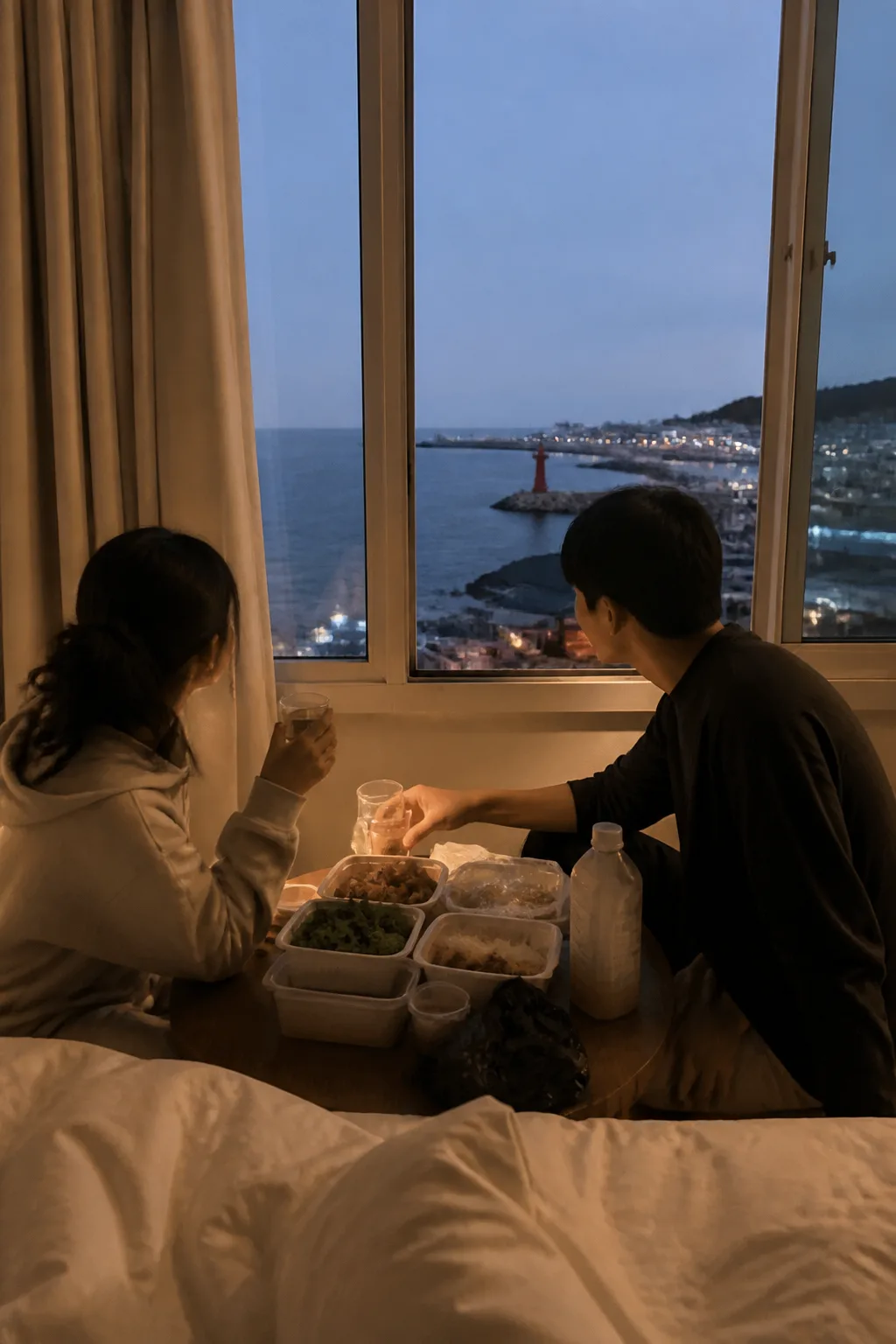 묵호 항구에서 포장한 음식을 숙소 테이블에 정리하는 여행객들의 모습