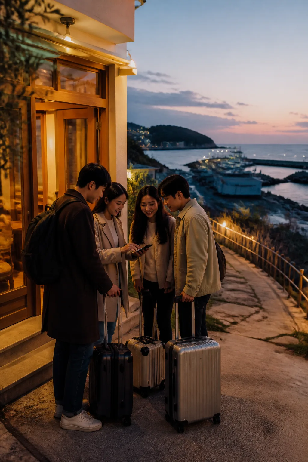 묵호 항구 근처 숙소에서 체크인 정보를 확인하는 여행객들