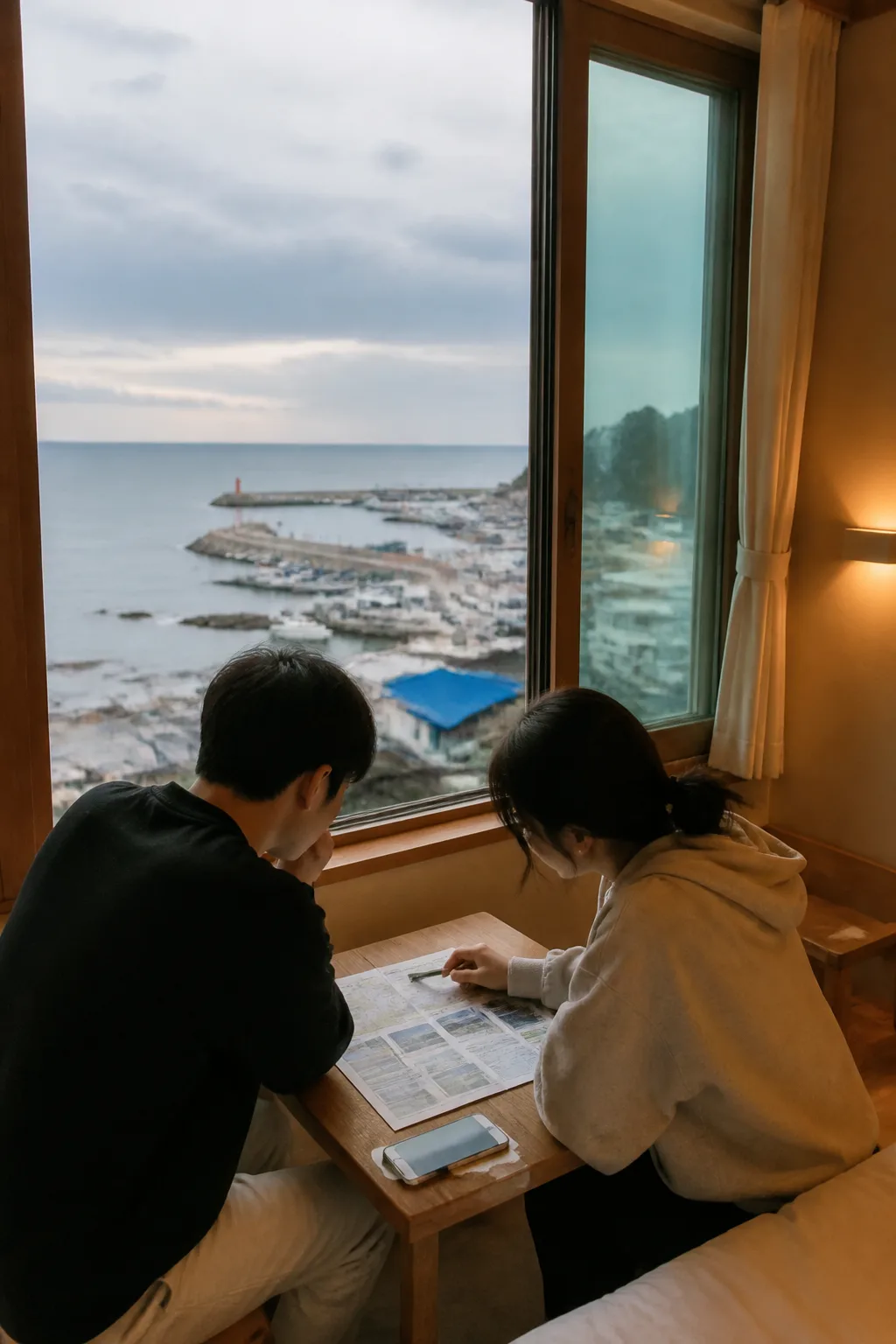 묵호 항구를 바라보며 일정과 숙소 예약을 확인하는 여행객의 모습
