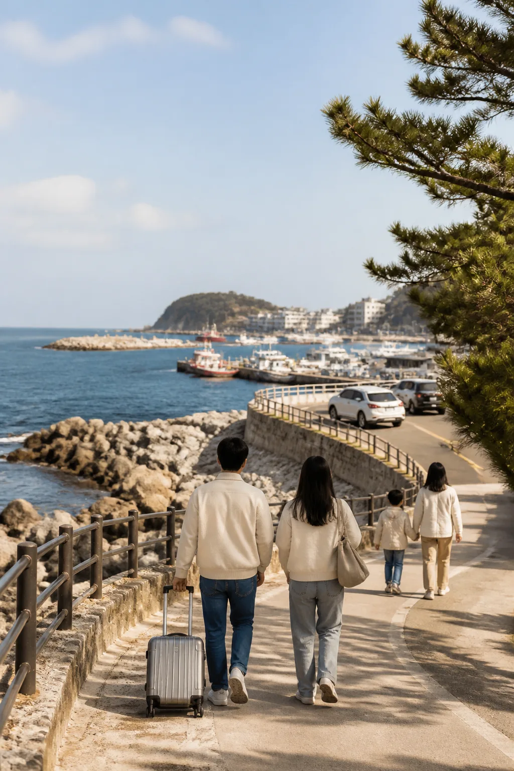 체크아웃 후 여행 가방을 들고 묵호 항구와 해안을 걷는 여행객들
