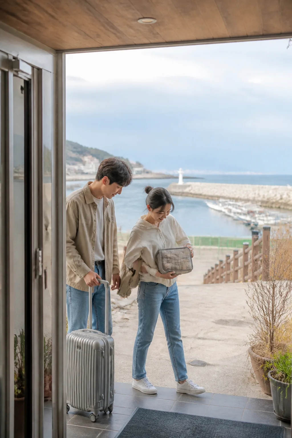 묵호숙소에서 항구와 해안 여행을 준비하는 커플의 작은 여행 가방과 해안 풍경